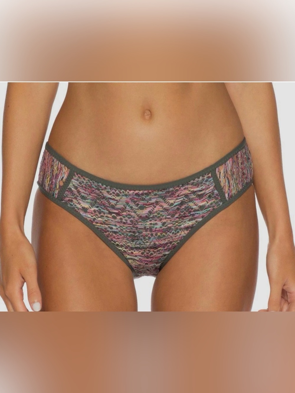 NWT- BECCA Multicolor Crochet Bikini Bottom with Olive Trim-S